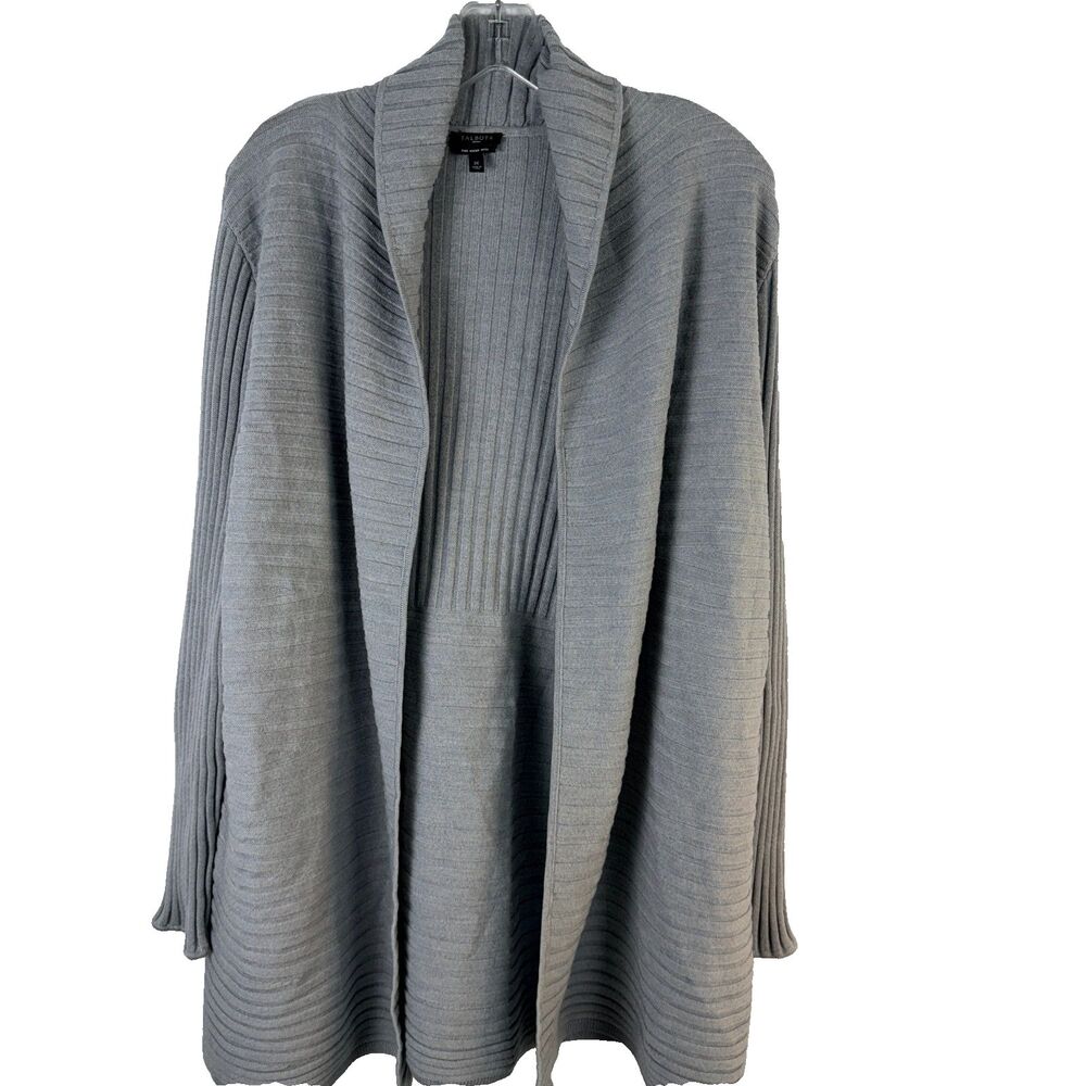 Talbots 1X Pure Merino Wool Open Cardigan Sweater Long Gray Ribbed Minimalist
